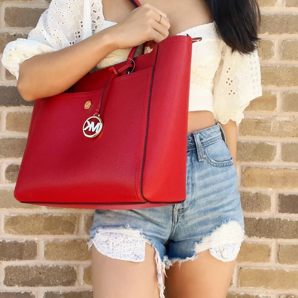 Michael Kors Maisie 3 in 1 Tote Large Leather Bag Flame Red - Picture 5 of 13
